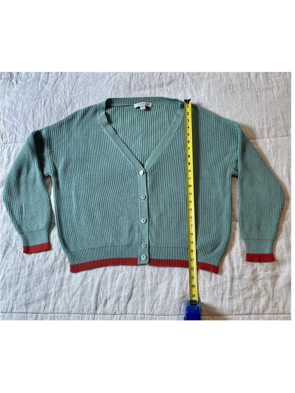 Amour Vert Cardigan V-Neck Button Front Mineral Green Red Organic Cotton M - Picture 10 of 11